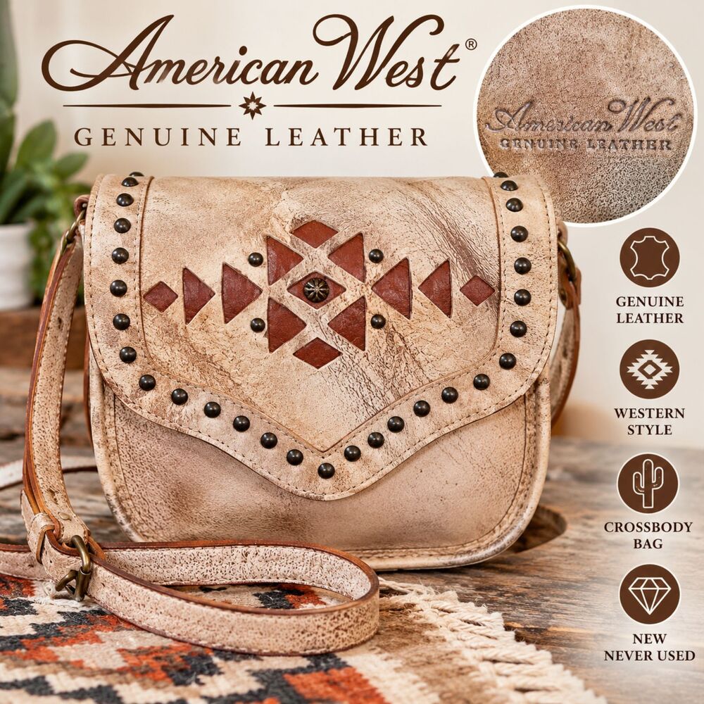 American West Genuine Leather Crossbody Bag Studded Western Boho Tan NWOT